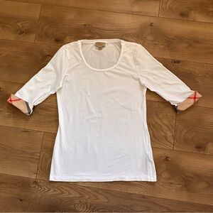 Burberry White Scoop Neck Top Small Nova Check Cuff 3/4 Sleeve Cotton